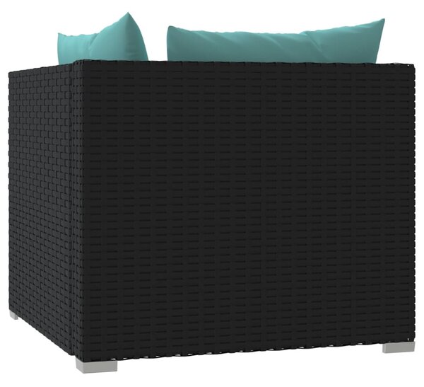 Fekete kétszemélyes polyrattan kanapé párnákkal