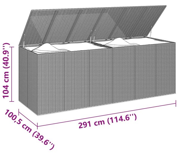 Szürke polyrattan kerti párnatartó doboz 291 x 100,5 x 104 cm