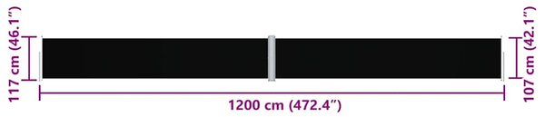 Fekete behúzható oldalsó napellenző 117 x 1200 cm