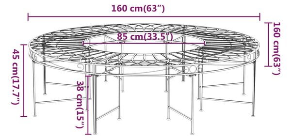 Fekete acél kör alakú fa körüli pad Ø160 cm