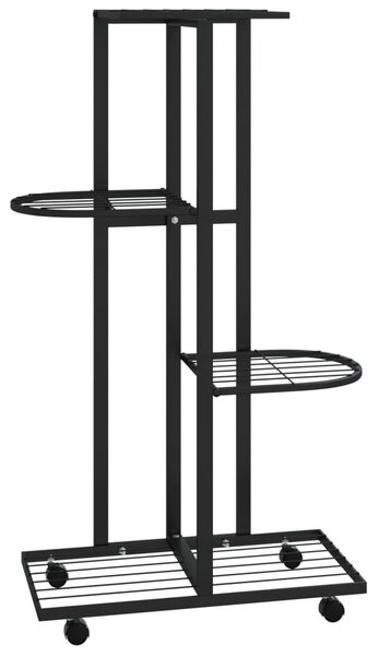 4 szintes fekete vas virágtartó állvány kerekekkel 44x23x80 cm