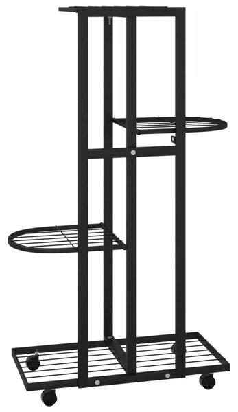 4 szintes fekete vas virágtartó állvány kerekekkel 44x23x80 cm