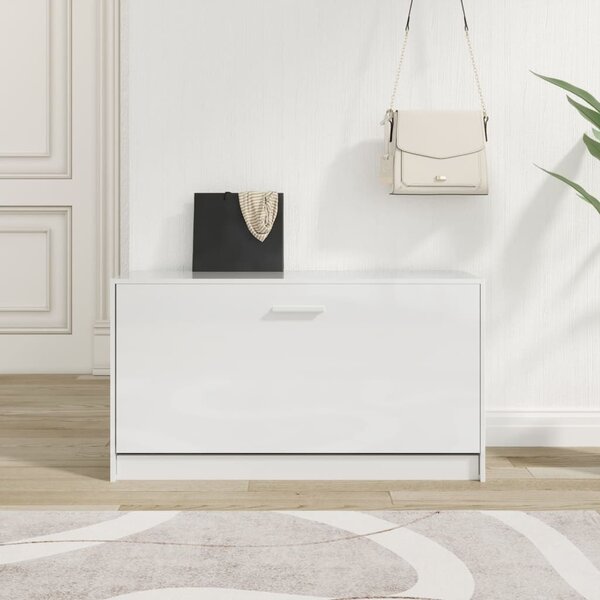 Magasfényű fehér cipőpad 80 x 24 x 45 cm rétegelt fa