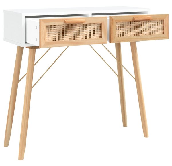 Fehér tömör fenyő és természetes rattan tálaló 80x30x75 cm
