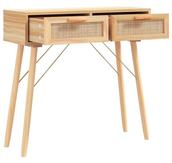 Barna tömör fenyő és természetes rattan kisasztal 80x30x75 cm