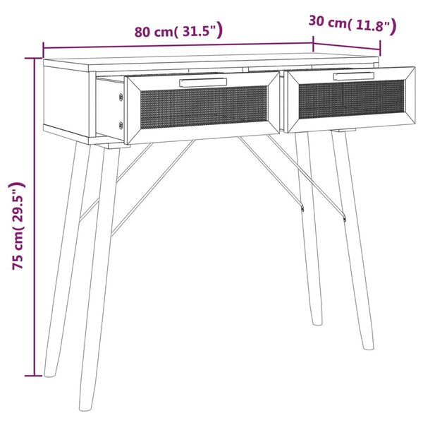 Barna tömör fenyő és természetes rattan kisasztal 80x30x75 cm