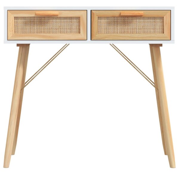 Fehér tömör fenyő és természetes rattan tálaló 80x30x75 cm