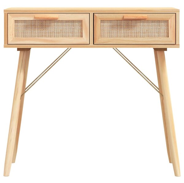 Barna tömör fenyő és természetes rattan kisasztal 80x30x75 cm