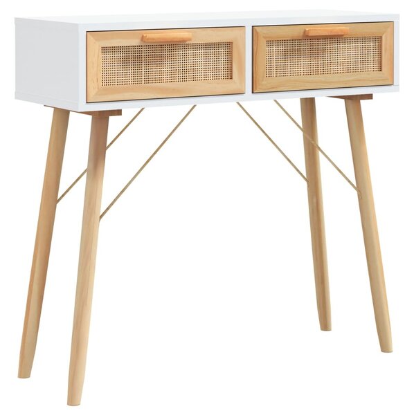 Fehér tömör fenyő és természetes rattan tálaló 80x30x75 cm