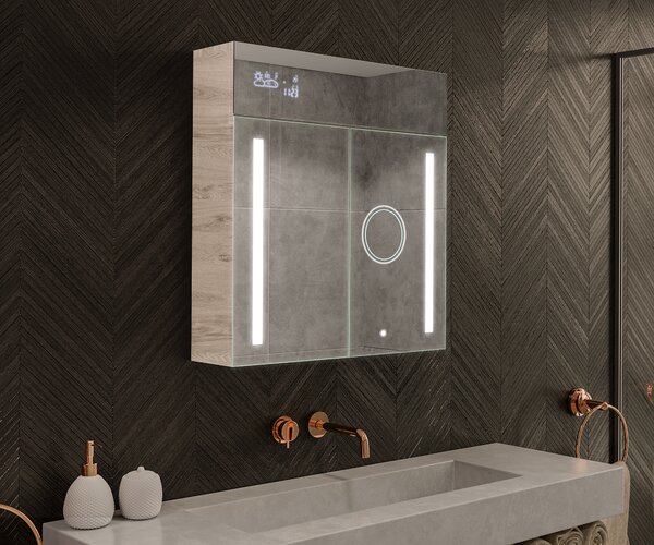 Fürdőszobai szekrény megvilágított LED tükörrel - 66,5 x 72 cm üvegpolcokkal, Oslo tölgy színben, fából, az Artforma márkától