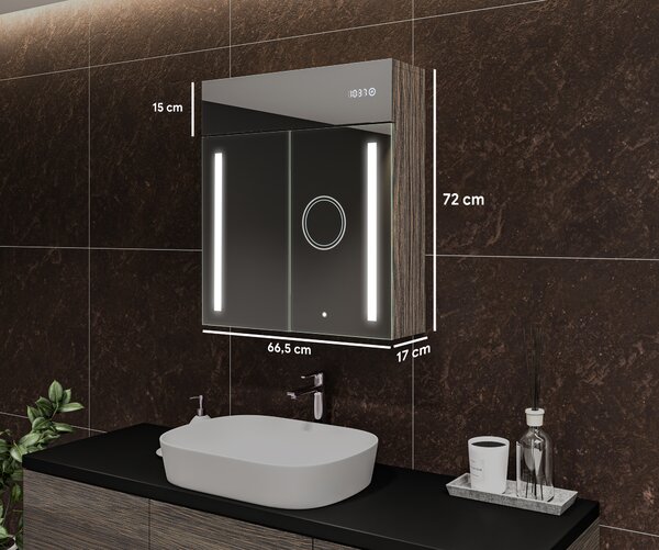 Fürdőszobai szekrény megvilágított LED tükörrel - 66,5 x 72 cm üvegpolcokkal, Oslo tölgy színben, fából, az Artforma márkától