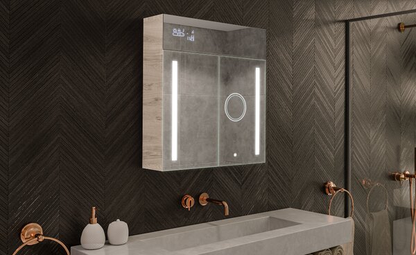 Fürdőszobai szekrény megvilágított LED tükörrel - 66,5 x 72 cm üvegpolcokkal, Oslo tölgy színben, fából, az Artforma márkától