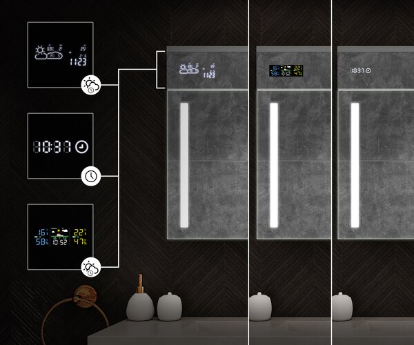 Megvilágított szekrény LED tükörrel, Emily L02 modell - 100 x 72 cm, modern kialakítású fürdőszobai szekrény világításkapcsoló-konfigurációval, Oslo tölgy színben