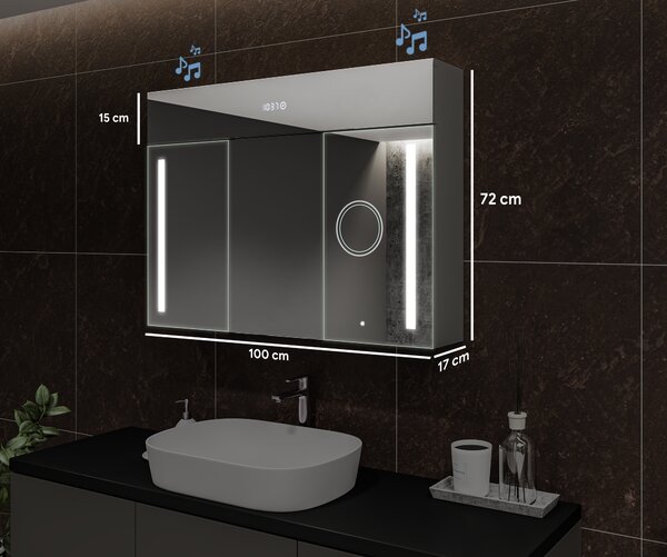 Megvilágított szekrény LED tükörrel, Emily L02 modell - 100 x 72 cm, modern kialakítású fürdőszobai szekrény világításkapcsoló-konfigurációval, Oslo tölgy színben