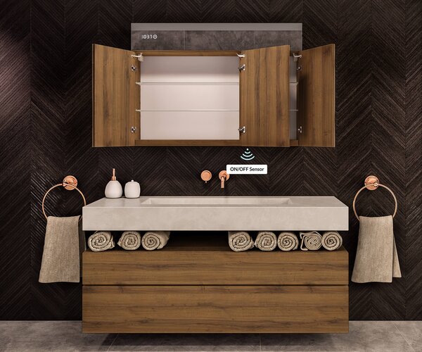 Megvilágított szekrény LED tükörrel, Emily L02 modell - 100 x 72 cm, modern kialakítású fürdőszobai szekrény világításkapcsoló-konfigurációval, Oslo tölgy színben