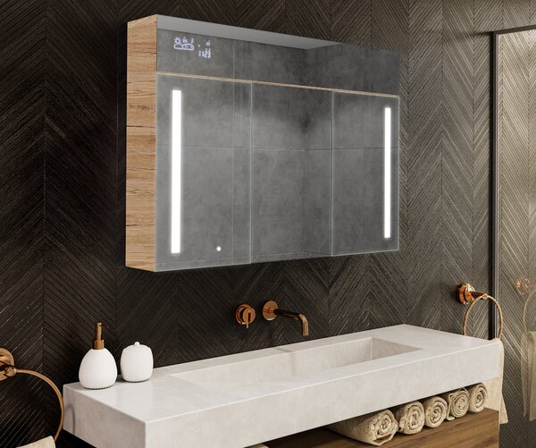 Megvilágított szekrény LED tükörrel, Emily L02 modell - 100 x 72 cm, modern kialakítású fürdőszobai szekrény világításkapcsoló-konfigurációval, San Marino színben