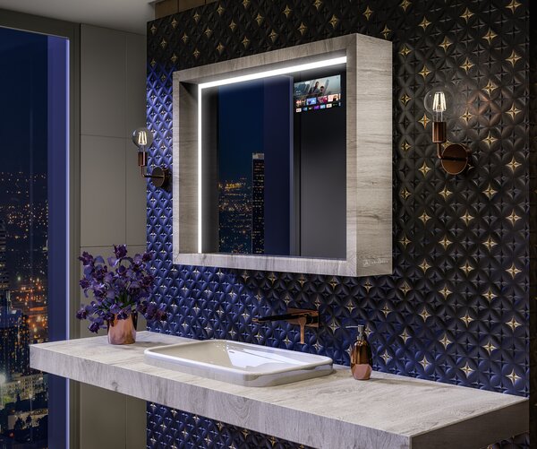 LED fürdőszobai tükör WoodenFrame kerettel, Oslo tölgy színben