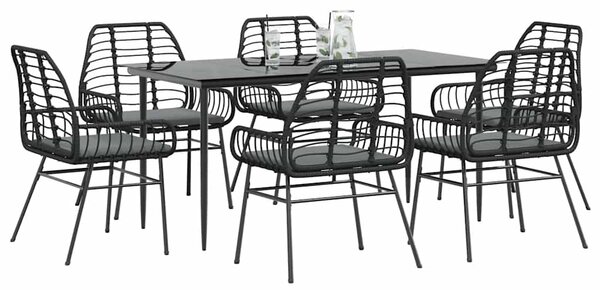 7 részes fekete polyrattan üveg kerti étkezőgarnitúra párnákkal