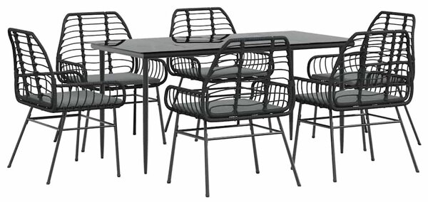 7 részes fekete polyrattan üveg kerti étkezőgarnitúra párnákkal