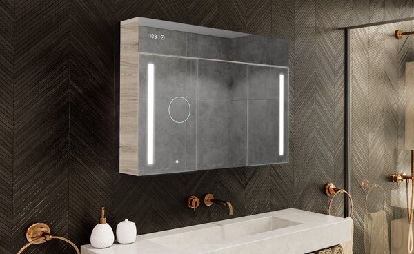 Megvilágított szekrény LED tükörrel, Emily L02 modell - 100 x 72 cm, modern kialakítású fürdőszobai szekrény világításkapcsoló-konfigurációval, Oslo tölgy színben
