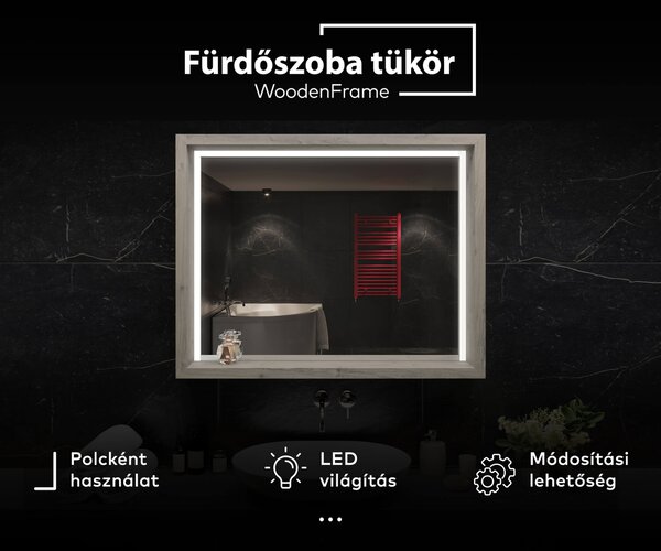 LED fürdőszobai tükör WoodenFrame kerettel, Oslo tölgy színben