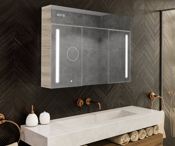 Megvilágított szekrény LED tükörrel, Emily L02 modell - 100 x 72 cm, modern kialakítású fürdőszobai szekrény világításkapcsoló-konfigurációval, Oslo tölgy színben