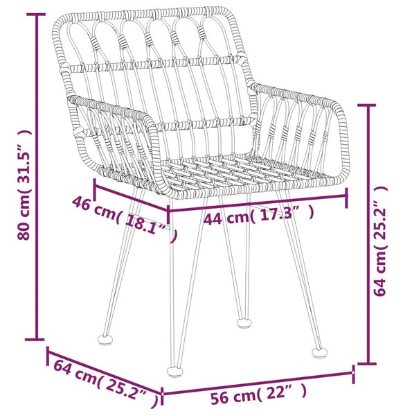 2 db fekete PE rattan karfás kerti szék 56 x 64 x 80 cm