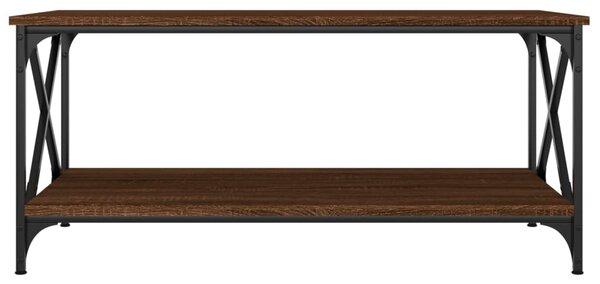 Barna tölgyszínű szerelt fa és vas dohányzóasztal 100x50x45 cm