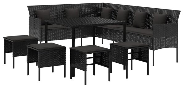 6 részes fekete polyrattan kerti étkezőgarnitúra párnákkal