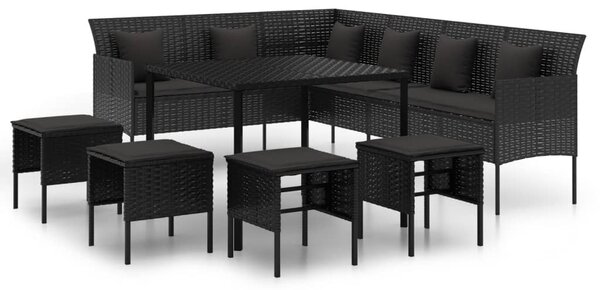 6 részes fekete polyrattan kerti étkezőgarnitúra párnákkal
