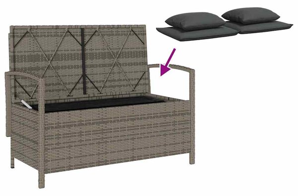 Szürke polyrattan kerti tárolópad párnával