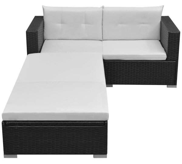 3-részes fekete polyrattan kerti bútorszett párnákkal