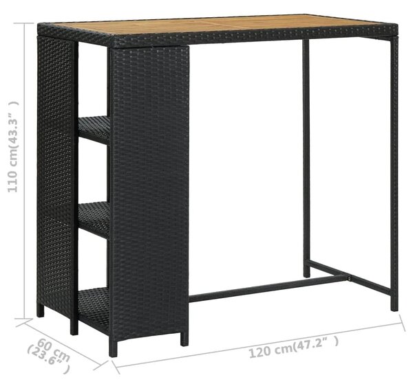 Fekete polyrattan bárasztal tárolópolccal 120 x 60 x 110 cm