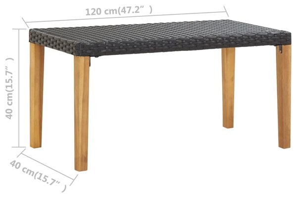 Fekete polyrattan és tömör akácfa kerti pad 120 cm