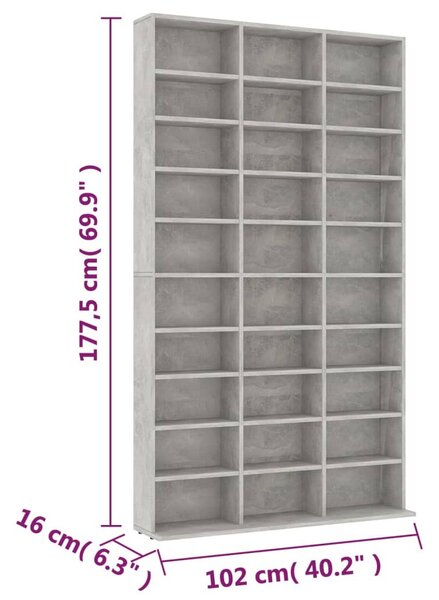 Betonszürke szerelt fa CD-szekrény 102 x 16 x 177,5 cm