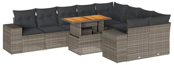 10 részes szürke polyrattan akácfa kerti ülőgarnitúra párnákkal