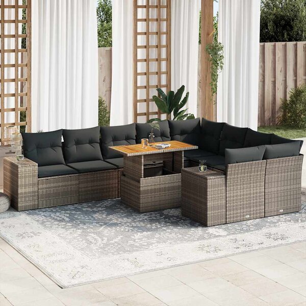 10 részes szürke polyrattan akácfa kerti ülőgarnitúra párnákkal