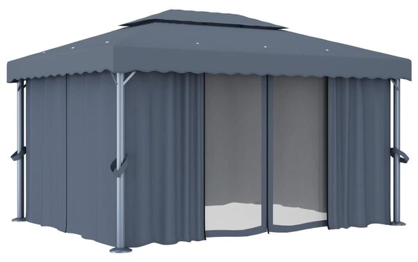Antracitszürke pavilon függönnyel és LED fényfüzérrel 4 x 3 m