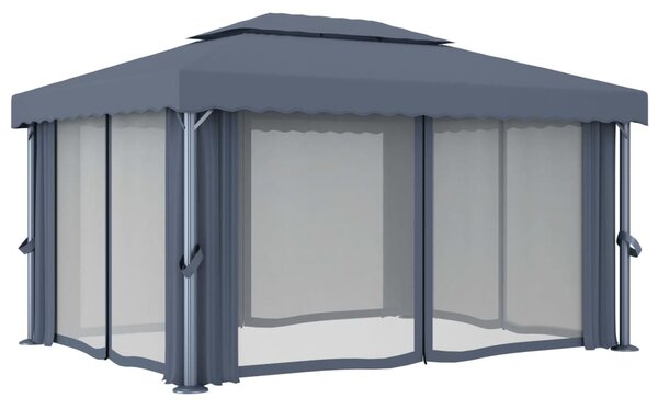 Antracitszürke pavilon függönnyel és LED fényfüzérrel 4 x 3 m