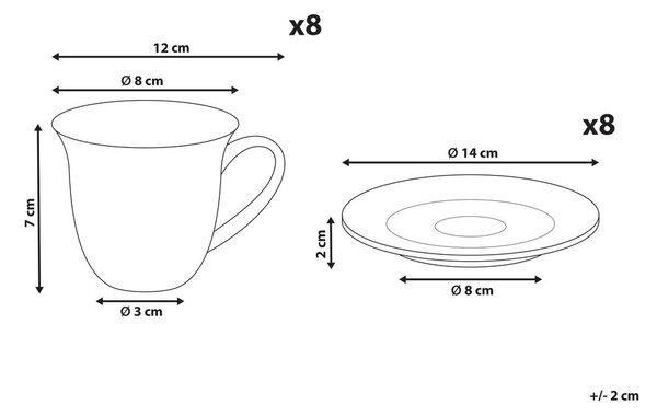 8 db csésze és csészealj ELDERBERRY Porcelán Fehér