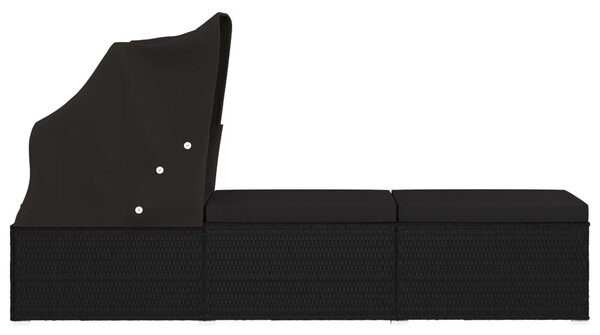 Fekete polyrattan napozóágy ponyvával és párnával