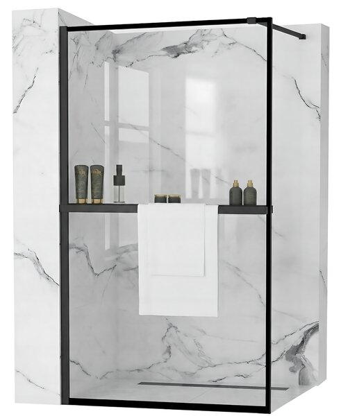 Rea Bler, zuhany paraván 90x195 cm, 8mm átlátszó üveg, fekete matt profil + EVO polc és akasztó, KPL-K7638