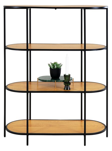 Könyvespolc, ovális polc, tölgy hatású fekete kerettel 85x36x111cm
