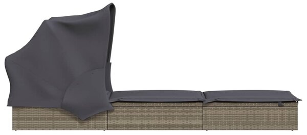 Szürke polyrattan napozóágy összecsukható tetővel 213x63x97 cm