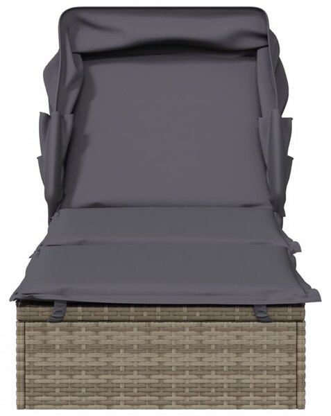 Szürke polyrattan napozóágy összecsukható tetővel 213x63x97 cm