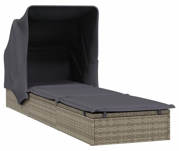 Szürke polyrattan napozóágy összecsukható tetővel 213x63x97 cm