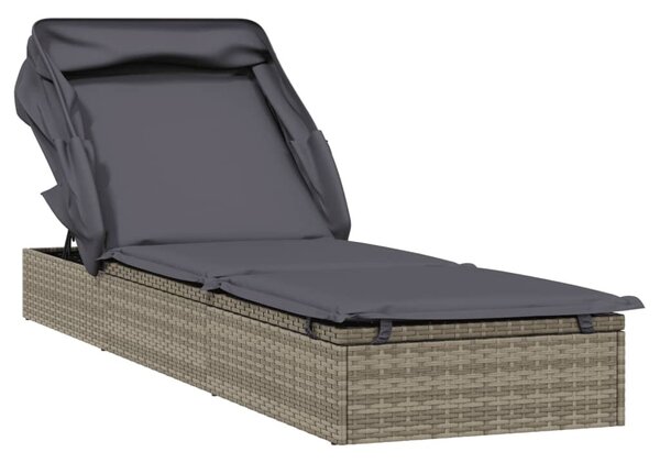 Szürke polyrattan napozóágy összecsukható tetővel 213x63x97 cm