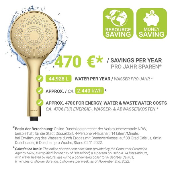Matt aranyszínű műanyag gazdaságos zuhanyfej ø 11 cm Watersaving System – Wenko