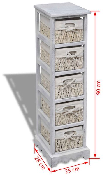 Fehér fa tárolóállvány 5 szőtt kosárral