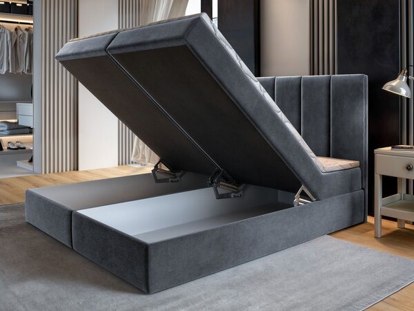 BARINO ágyneműtartós kárpitozott boxspring ágy matraccal 140x200 - sötétszürke